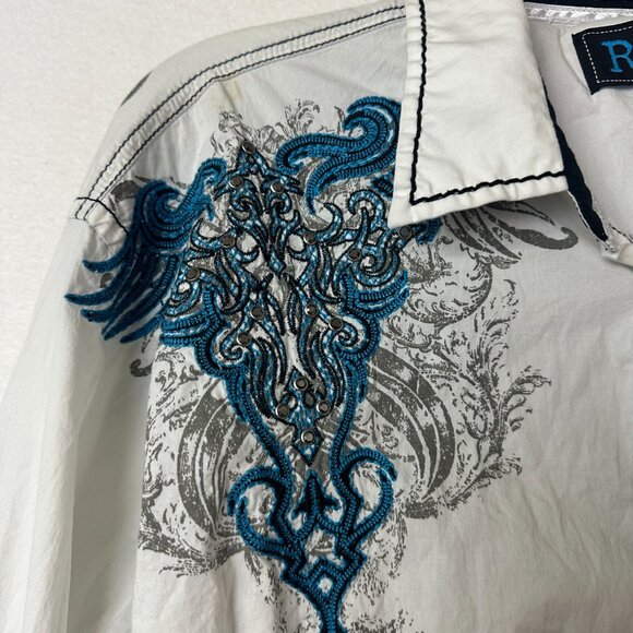 VINTAGE Roar Men Shirt XL white Geometric Point Break Embroidery Grunge Goth Y2K - Picture 3 of 7